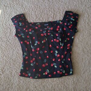 Collectif London Dolores Black Cherry Print Puff Sleeve Top with Button Size 2XL